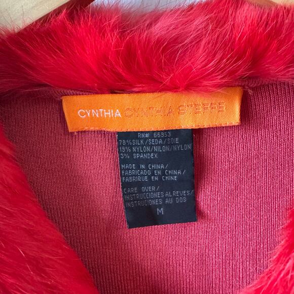 CYNTHIA STEFFE Cardigan Women M Red Silk Faux Fur Collar Buttons Y2K Bratz 90s - Picture 5 of 7